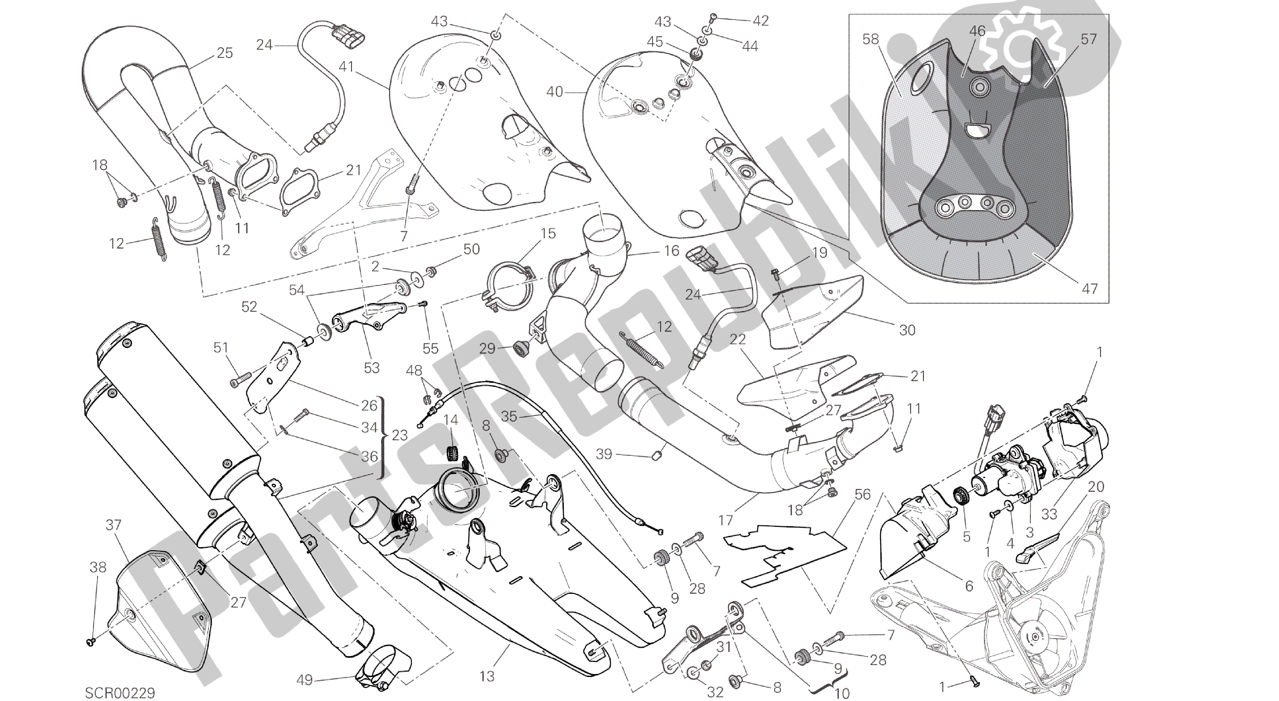 Alle onderdelen voor de Tekening 019 - Gruppo Scarico [mod: 959. 959 Aws; Xst: Aus, Eur, Fra, Jap, Twn] Groepsframe van de Ducati Panigale 959 2016