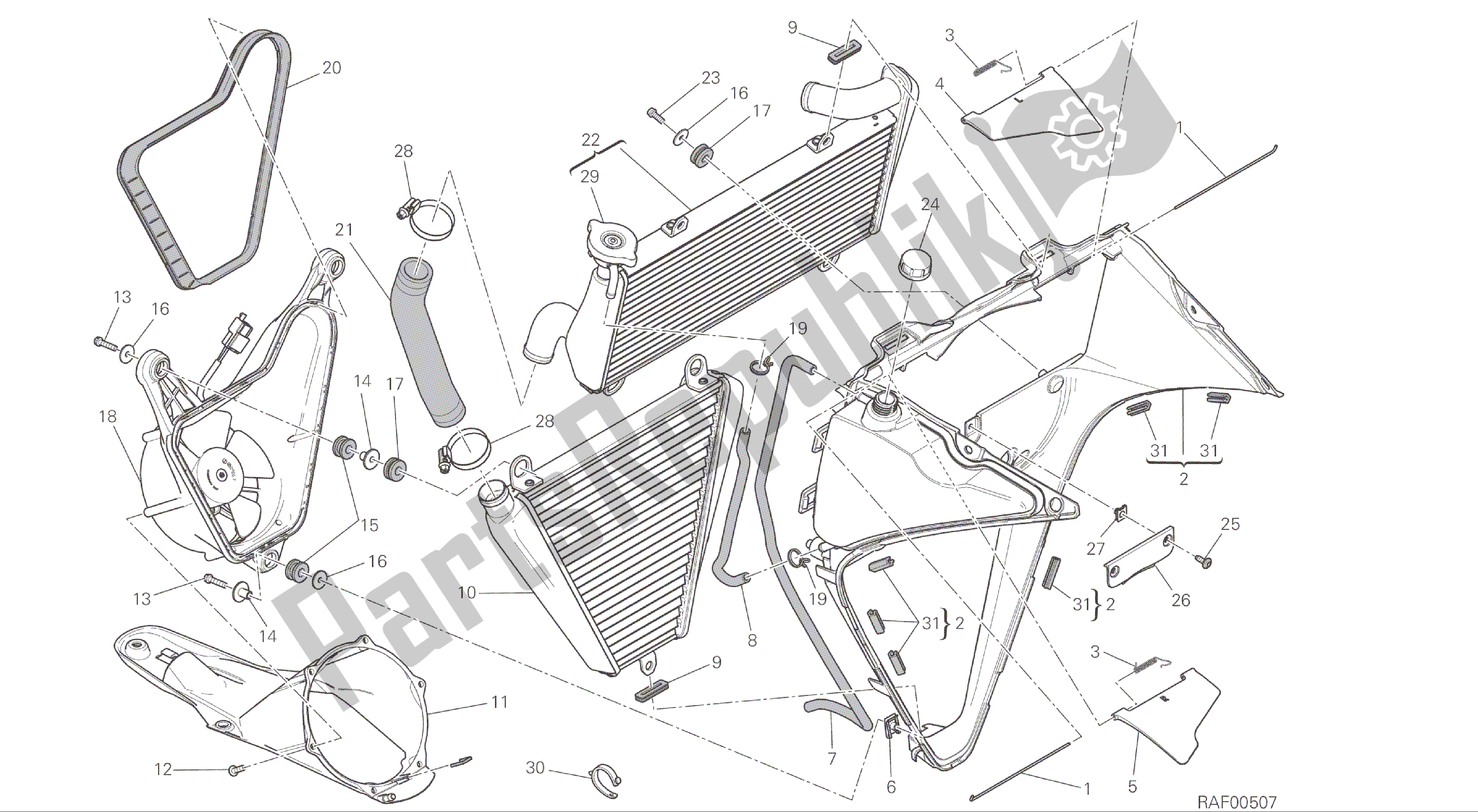 All parts for the Drawing 030 - Water Cooler [xst:cal,cdn]group Frame of the Ducati Panigale R 1200 2016