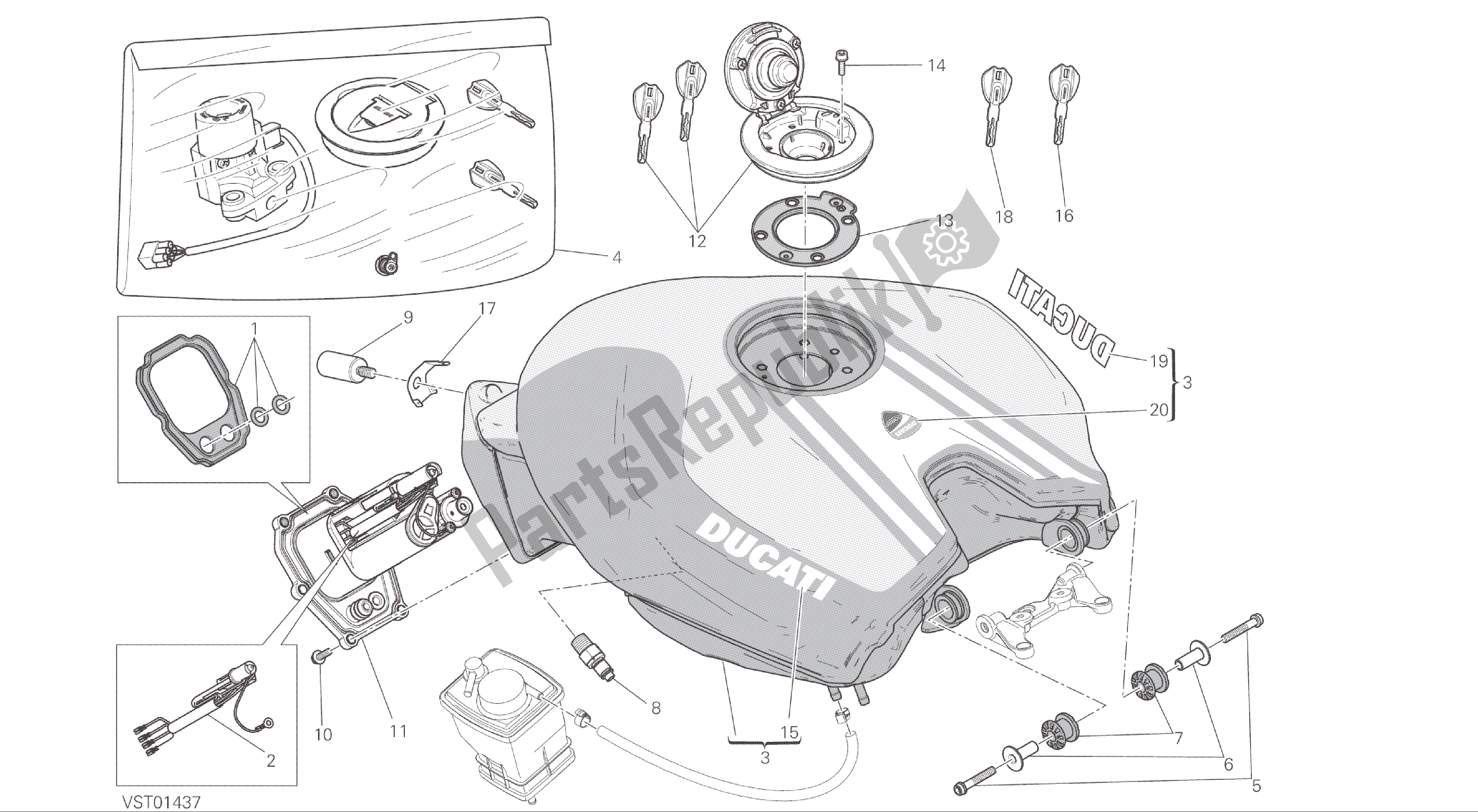 Alle onderdelen voor de Tekening 032 - Tank [xst: Cal, Cdn] Groepsframe van de Ducati Panigale R 1200 2016