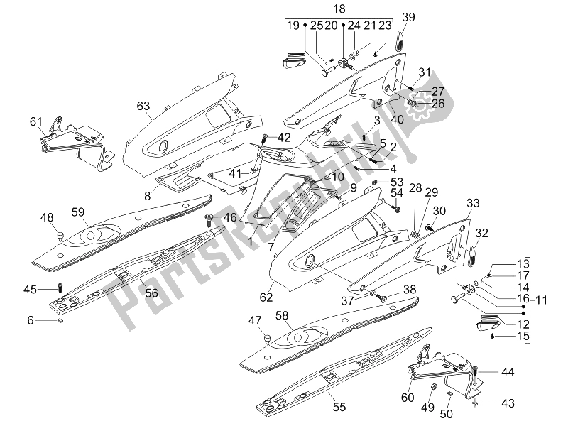 All parts for the Central Cover - Footrests of the Gilera Nexus 500 E3 2006