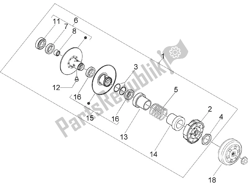 All parts for the Driven Pulley of the Gilera Runner 50 SP 2005