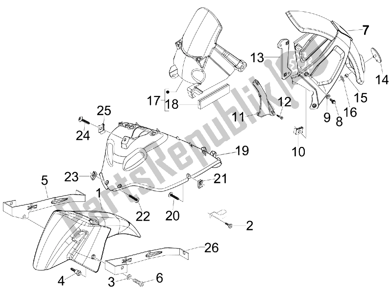 All parts for the Wheel Huosing - Mudguard of the Gilera Nexus 300 IE E3 2008