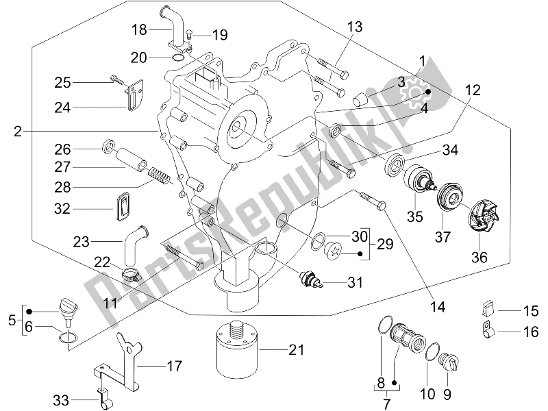 Toutes les pièces pour le Couvercle Magnéto Volant - Filtre à Huile du Gilera Fuoco 500 E3 2007