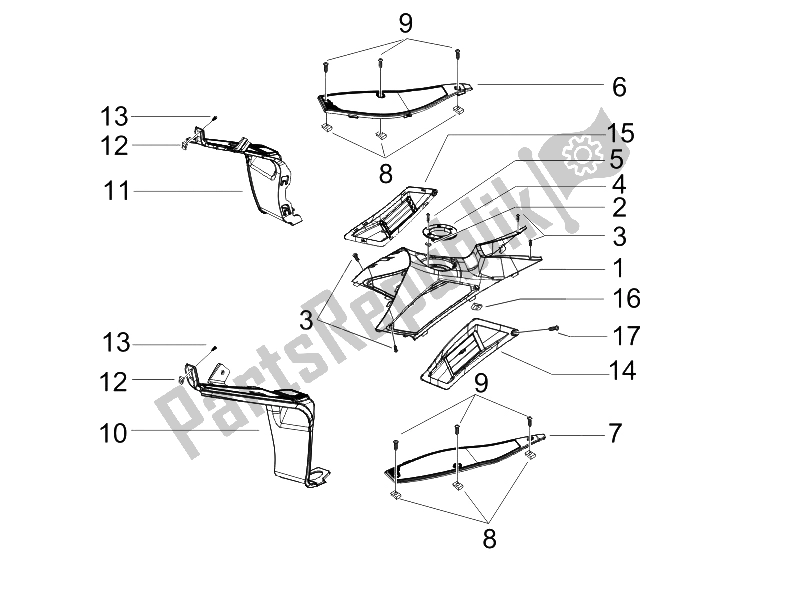 All parts for the Central Cover - Footrests of the Gilera Runner 200 VXR 4T Race E3 2006