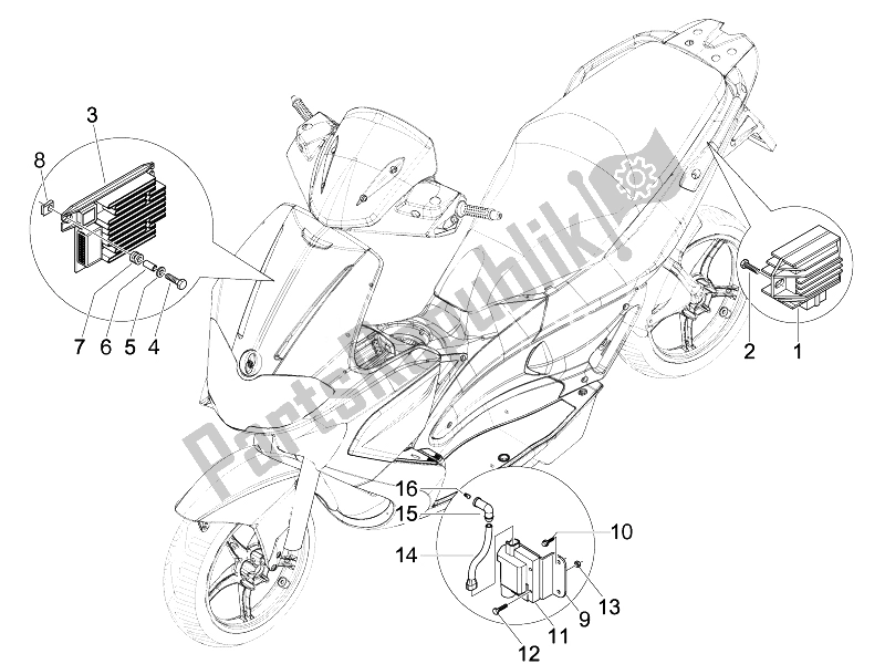 Alle onderdelen voor de Spanningsregelaars - Elektronische Regeleenheden (ecu) - H. T. Spoel van de Gilera Runner 50 Pure JET ST 2008