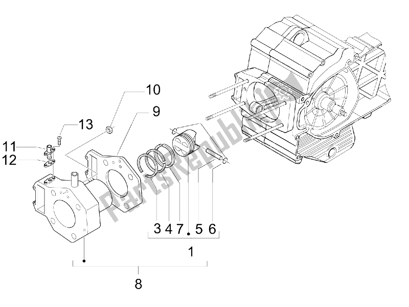 Alle onderdelen voor de Cilinder-zuiger-pols-peneenheid van de Gilera Nexus 500 SP E3 2006