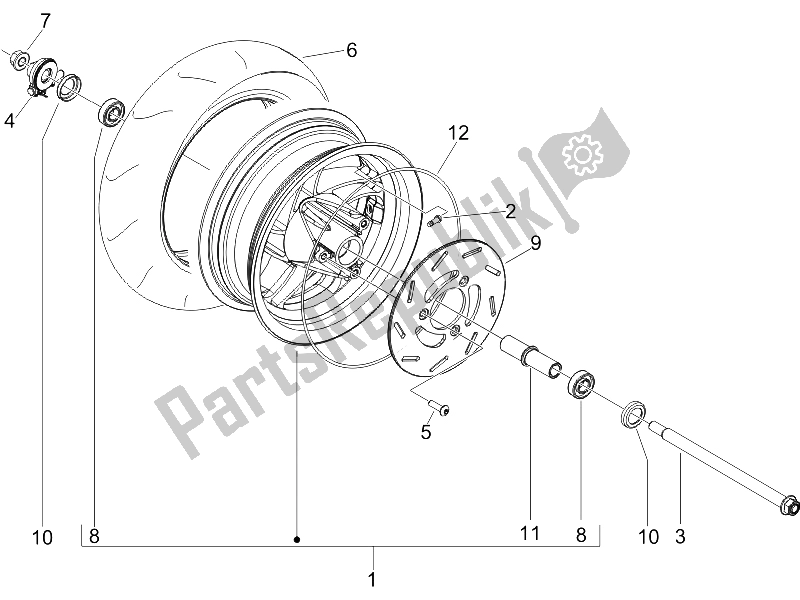 All parts for the Front Wheel of the Gilera Storm 50 UK 2007