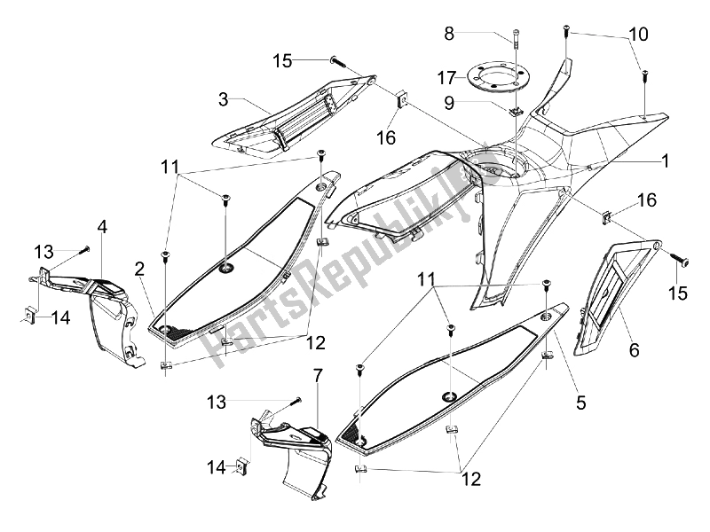 Todas las partes para Cubierta Central - Reposapiés de Gilera Runner 200 ST 4T E3 2008