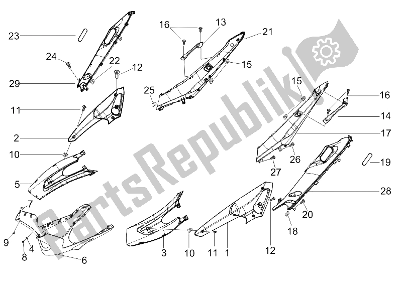 All parts for the Side Cover - Spoiler of the Gilera Runner 125 VX 4T E3 Serie Speciale 2007