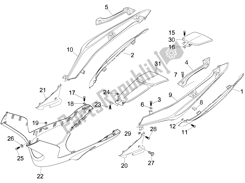 All parts for the Side Cover - Spoiler of the Gilera Nexus 500 E3 2009