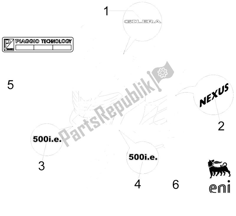 All parts for the Plates - Emblems of the Gilera Nexus 500 E3 2009