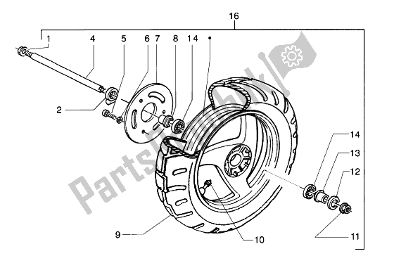 All parts for the Front Wheel of the Gilera Runner 50 Purejet 1998