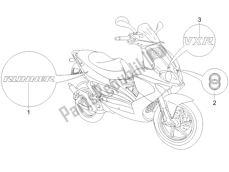 Alle onderdelen voor de Borden - Emblemen van de Gilera Runner 200 VXR 4T E3 2006