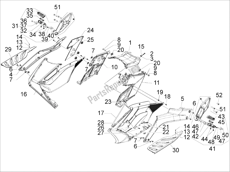 All parts for the Central Cover - Footrests of the Gilera GP 800 2009