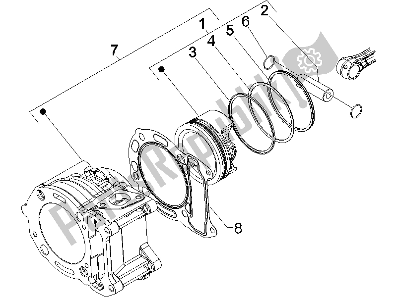 Alle onderdelen voor de Cilinder-zuiger-pols-peneenheid van de Gilera Runner 125 VX 4T E3 2007