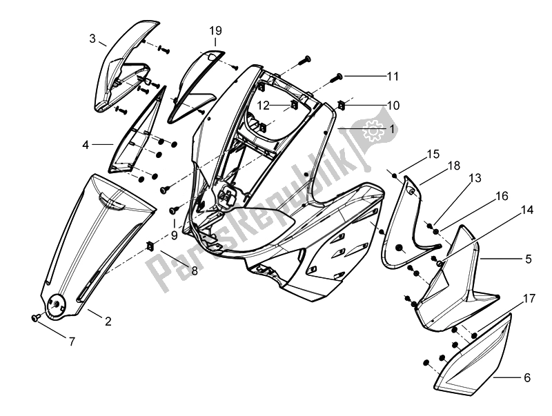 All parts for the Front Shield of the Gilera Runner 200 ST 4T E3 2008