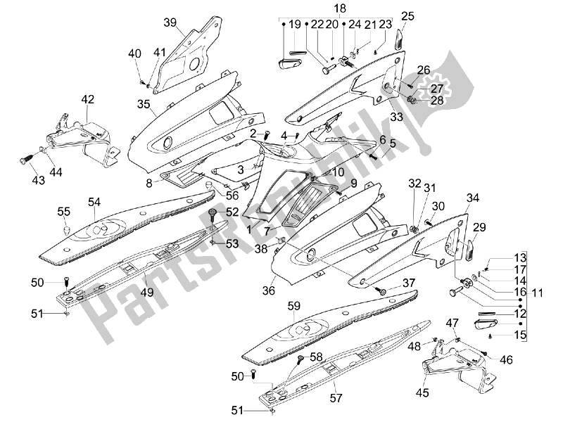 All parts for the Central Cover - Footrests of the Gilera Nexus 300 IE E3 2008