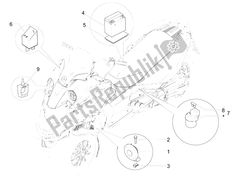 Toutes les pièces pour le Télécommandes - Batterie - Klaxon du Gilera Fuoco 500 4T 4V IE E3 LT 2013