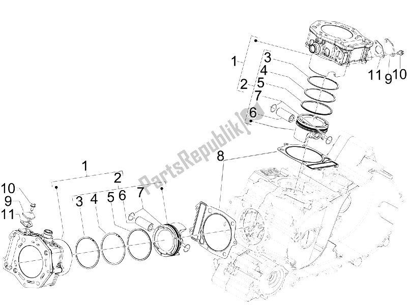 All parts for the Cylinder-piston-wrist Pin Unit of the Gilera GP 800 Centenario 2009