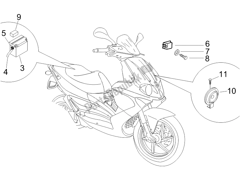 Alle onderdelen voor de Afstandsbedieningen - Batterij - Claxon van de Gilera Runner 50 Pure JET 2010