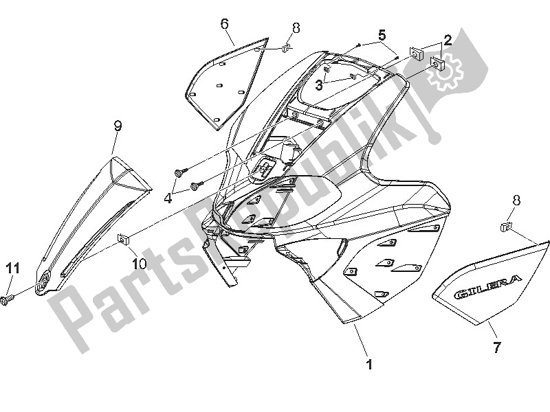 Toutes les pièces pour le Bouclier Avant du Gilera Runner 200 VXR 4T 2005