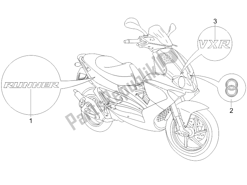 Tutte le parti per il Piatti - Emblemi del Gilera Runner 200 VXR 4T E3 UK 2006