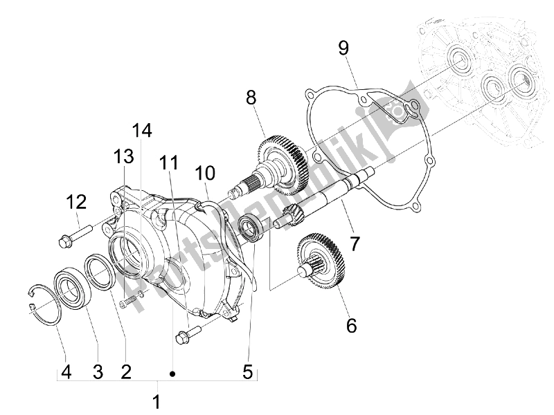 All parts for the Reduction Unit of the Gilera Runner 125 ST 4T E3 2008