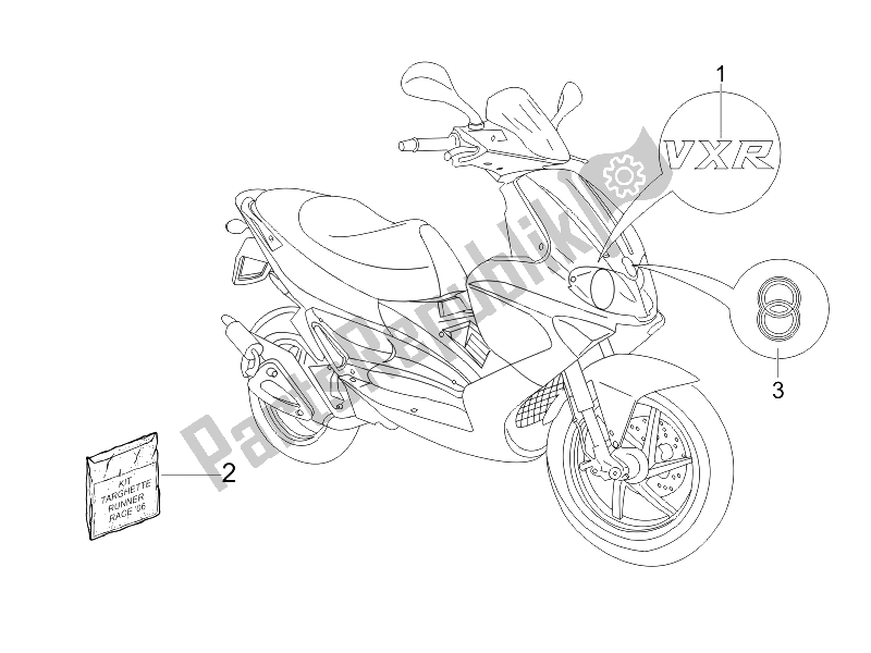 Alle onderdelen voor de Borden - Emblemen van de Gilera Runner 200 VXR 4T Race E3 2006