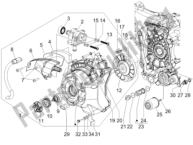 All parts for the Flywheel Magneto Cover - Oil Filter of the Gilera Runner 125 VX 4T Race E3 UK 2006