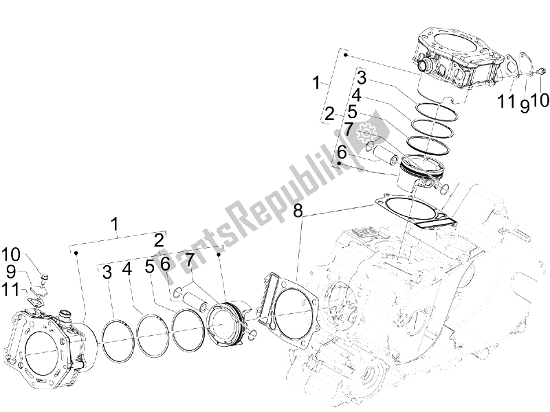 All parts for the Cylinder-piston-wrist Pin Unit of the Gilera GP 800 2009