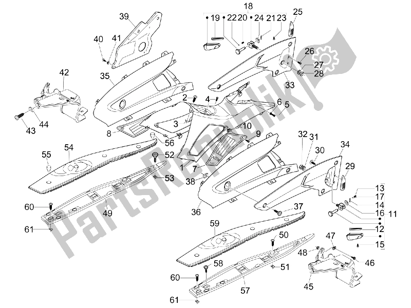 All parts for the Central Cover - Footrests of the Gilera Nexus 125 IE E3 2009