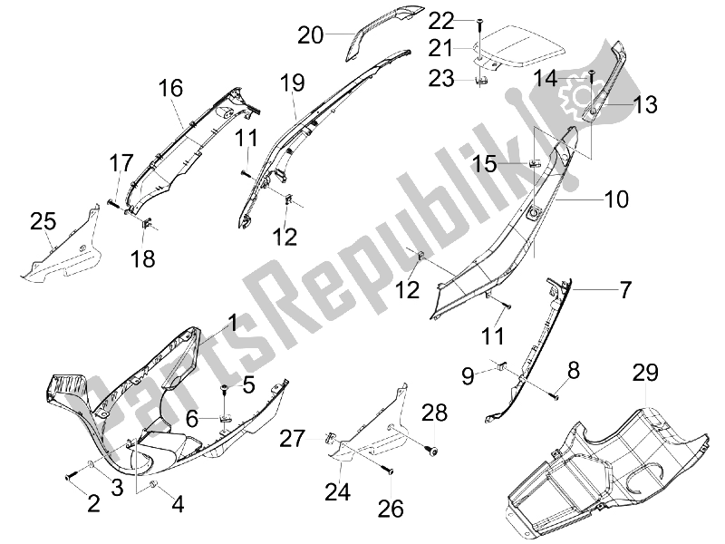 All parts for the Side Cover - Spoiler of the Gilera Nexus 125 IE E3 2009