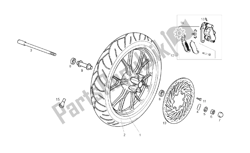 All parts for the Front Wheel of the Gilera SMT 50 2011