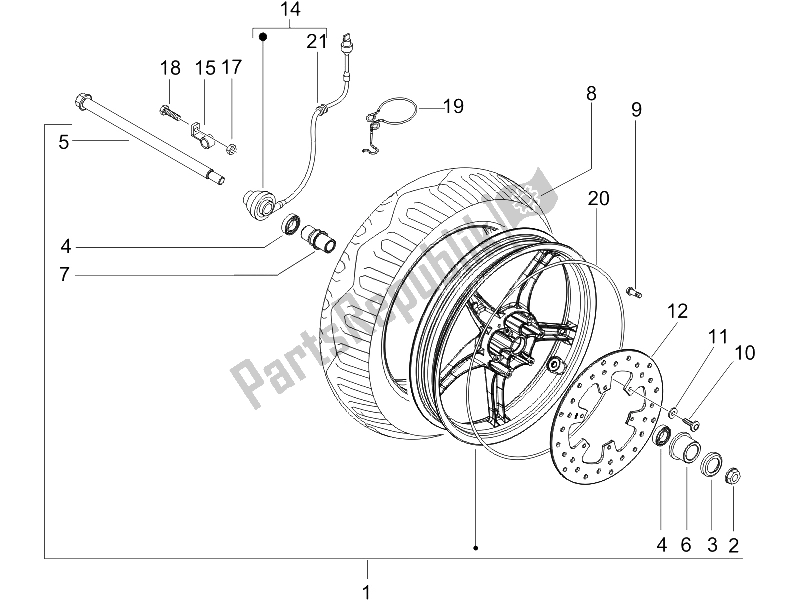 All parts for the Front Wheel of the Gilera Runner 50 SP 2007
