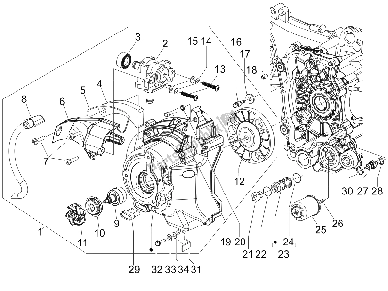 Toutes les pièces pour le Couvercle Magnéto Volant - Filtre à Huile du Gilera Runner 125 VX 4T Race E3 2006