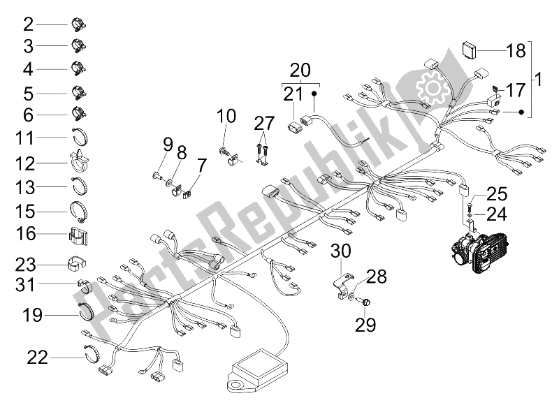 All parts for the Main Cable Harness of the Gilera Nexus 250 E3 2007