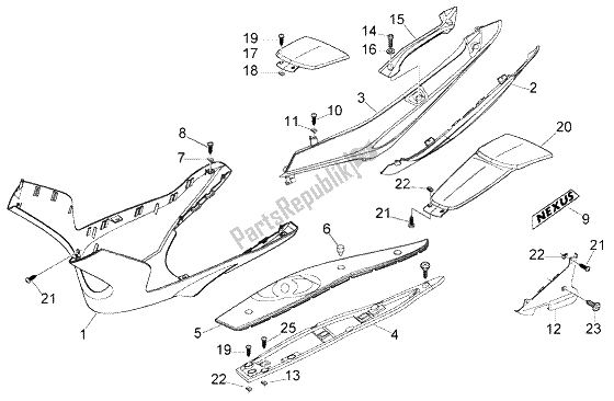 Tutte le parti per il Rivestimenti Laterali-spoiler del Gilera Nexus 500 1998