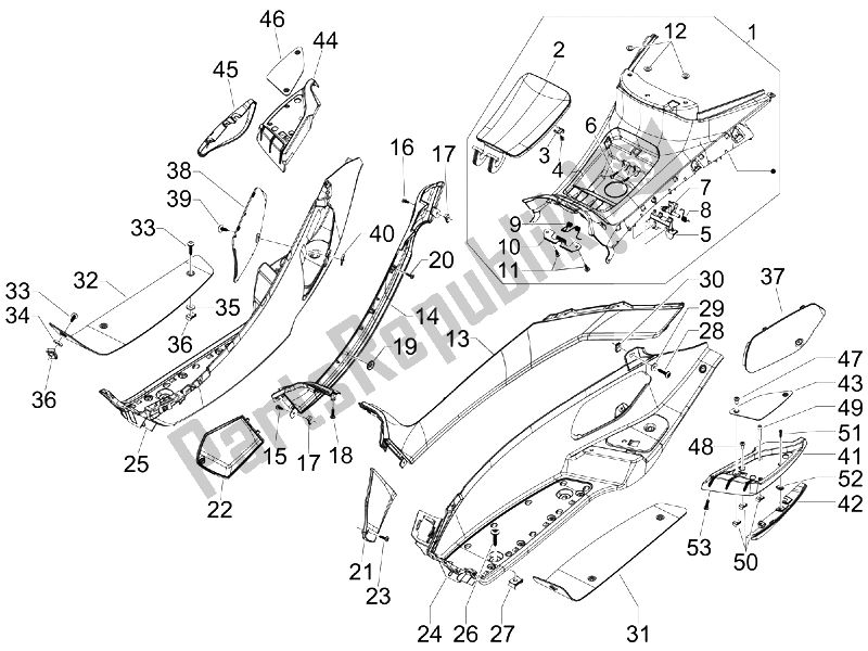 Todas las partes para Cubierta Central - Reposapiés de Gilera Fuoco 500 4T 4V IE E3 LT 2013