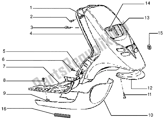 All parts for the Front Shield-footboard-spoiler of the Gilera Storm 50 1998