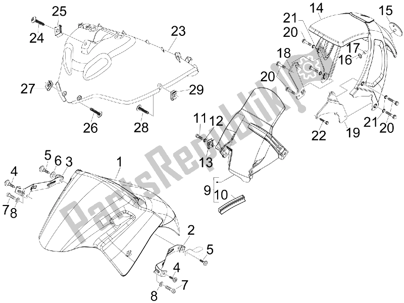 All parts for the Wheel Huosing - Mudguard of the Gilera Nexus 125 IE E3 2009