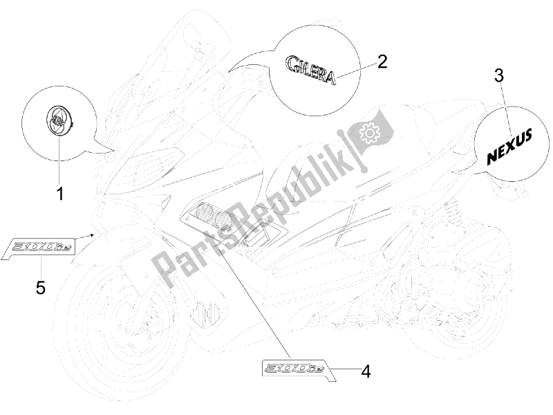 Toutes les pièces pour le Plaques - Emblèmes du Gilera Nexus 300 IE E3 2008
