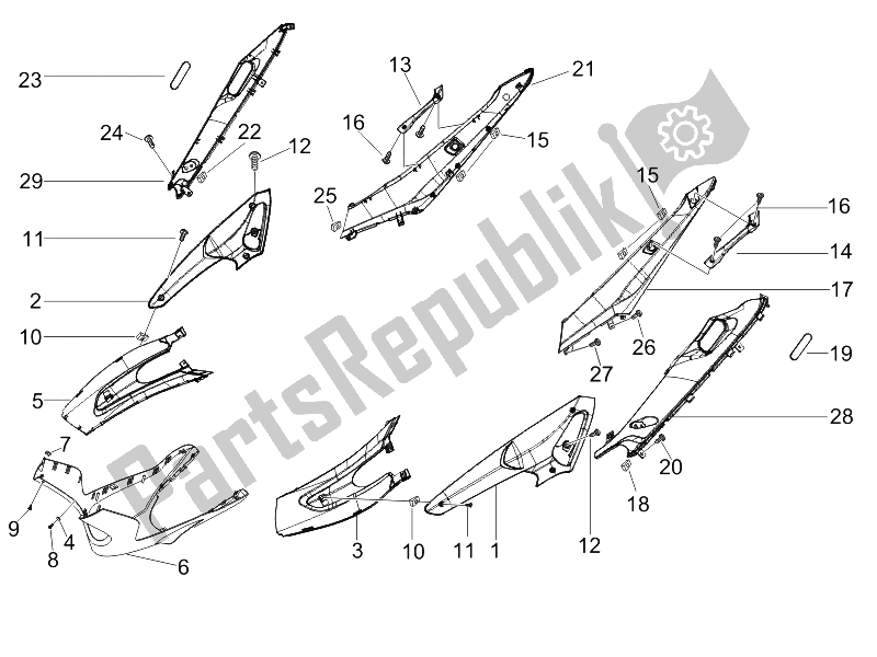 Alle onderdelen voor de Zijdeksel - Spoiler van de Gilera Runner 200 VXR 4T E3 UK 2006