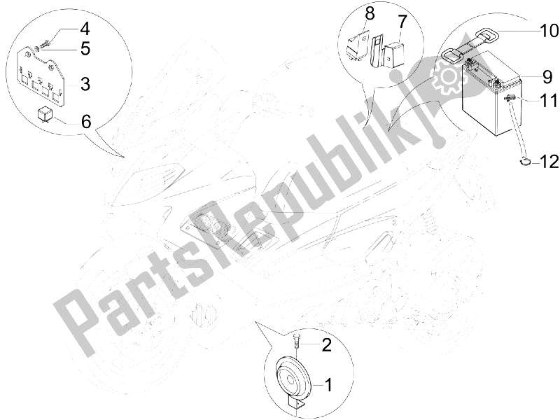 Tutte le parti per il Interruttori Del Telecomando - Batteria - Avvisatore Acustico del Gilera Nexus 300 IE E3 2009