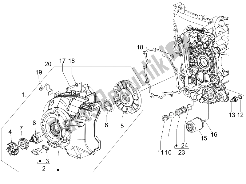 Toutes les pièces pour le Couvercle Magnéto Volant - Filtre à Huile du Gilera Nexus 250 SP E3 2006