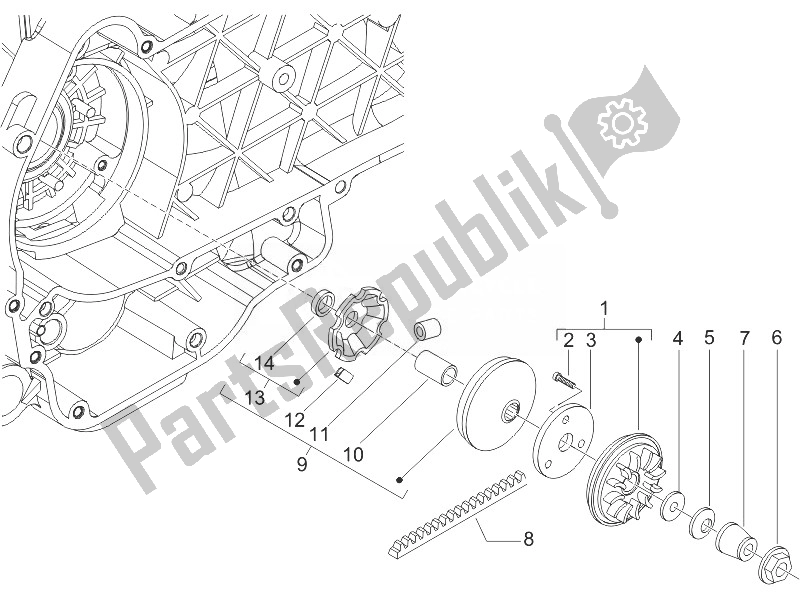 All parts for the Driving Pulley of the Gilera Runner 125 VX 4T 2005