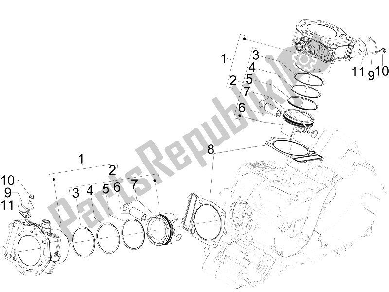 All parts for the Cylinder-piston-wrist Pin Unit of the Gilera GP 800 2007