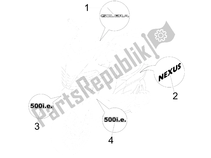 Toutes les pièces pour le Plaques - Emblèmes du Gilera Nexus 500 E3 2006