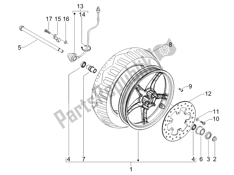 All parts for the Front Wheel of the Gilera Runner 200 ST 4T E3 2008