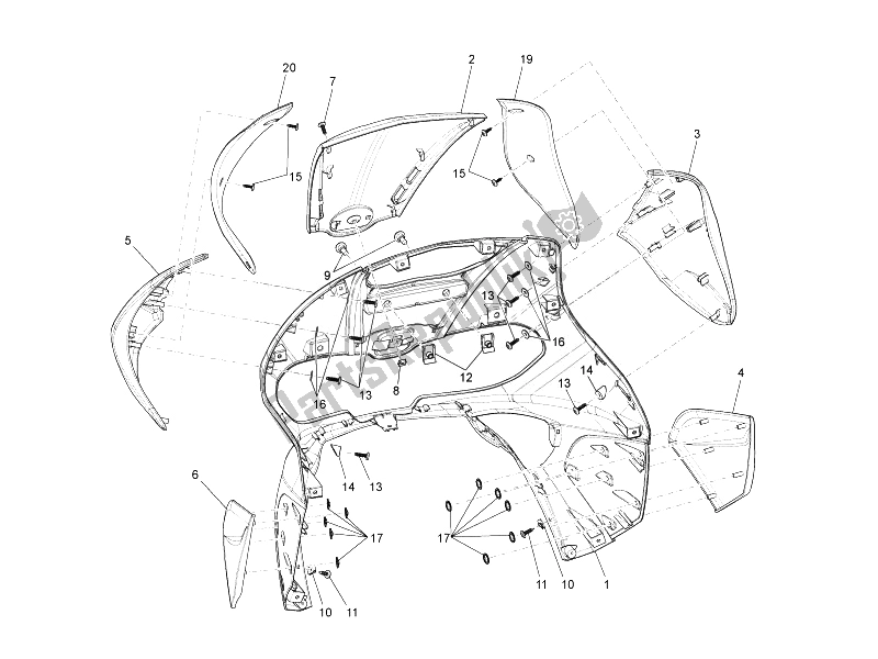 All parts for the Front Shield of the Gilera Runner 125 ST 4T E3 2008