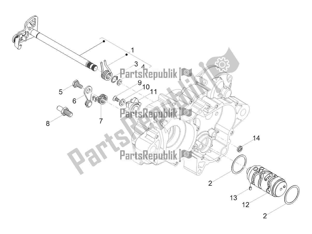 All parts for the Gear Box / Selector / Shift Cam of the Gilera RCR 50 2019